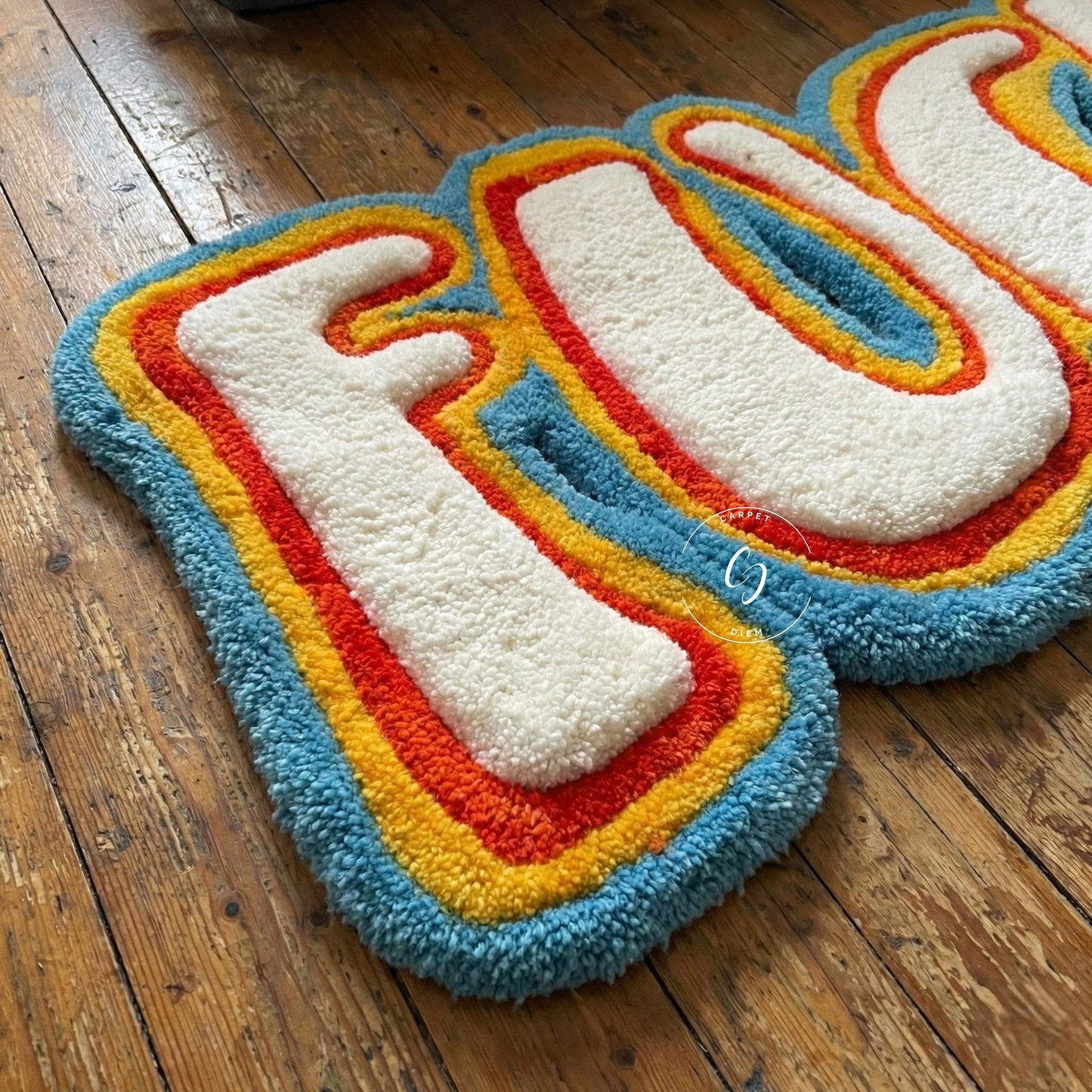 multicolour rug with 3d tufted fuck written