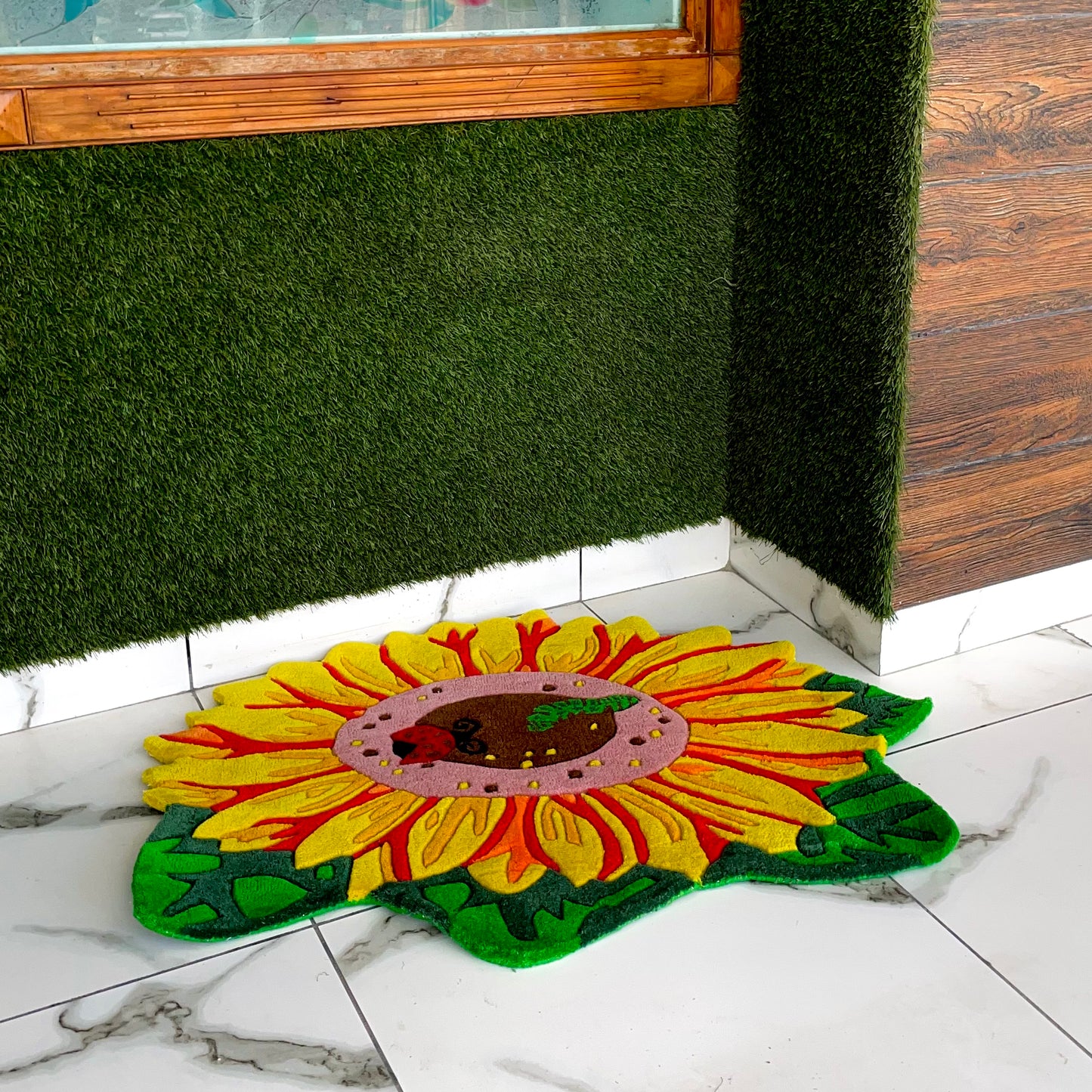 Sunflower with Ladybug and Caterpillar Hand-Tufted Rug