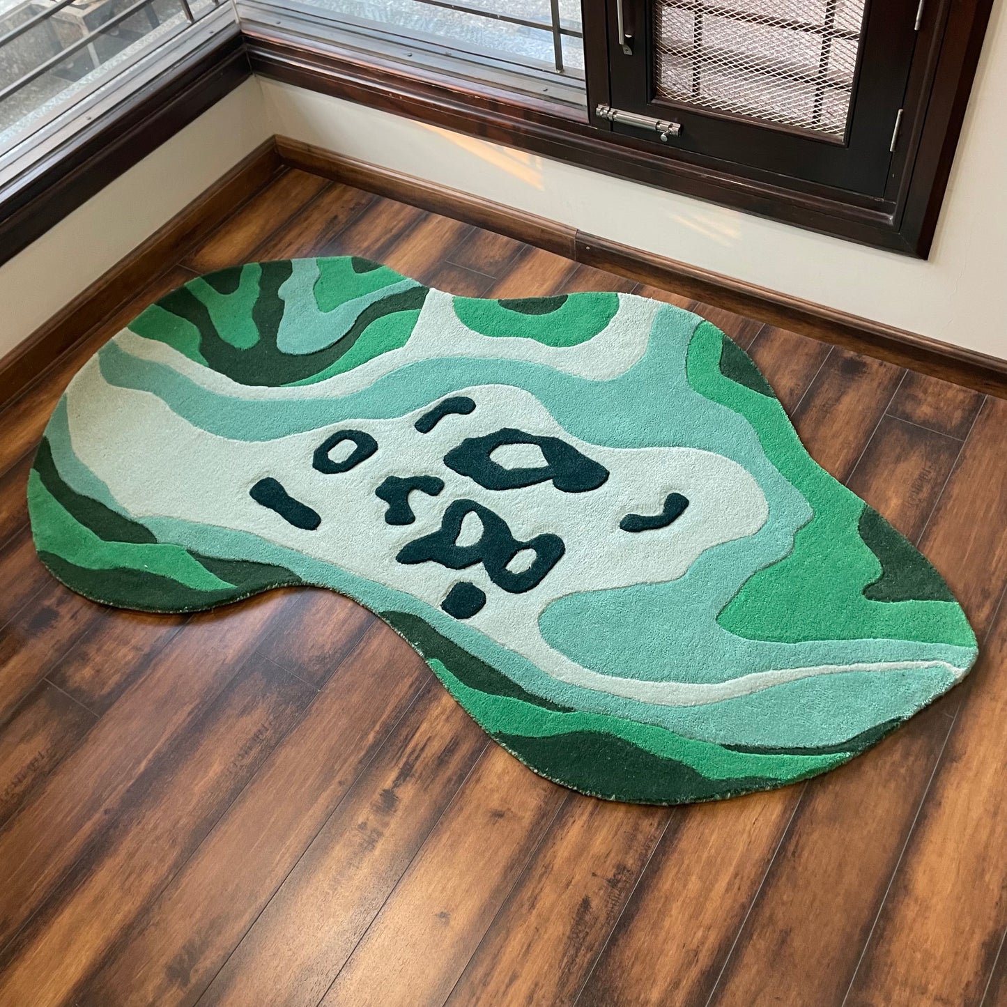 Lush Green Living Area Abstract Rug side view