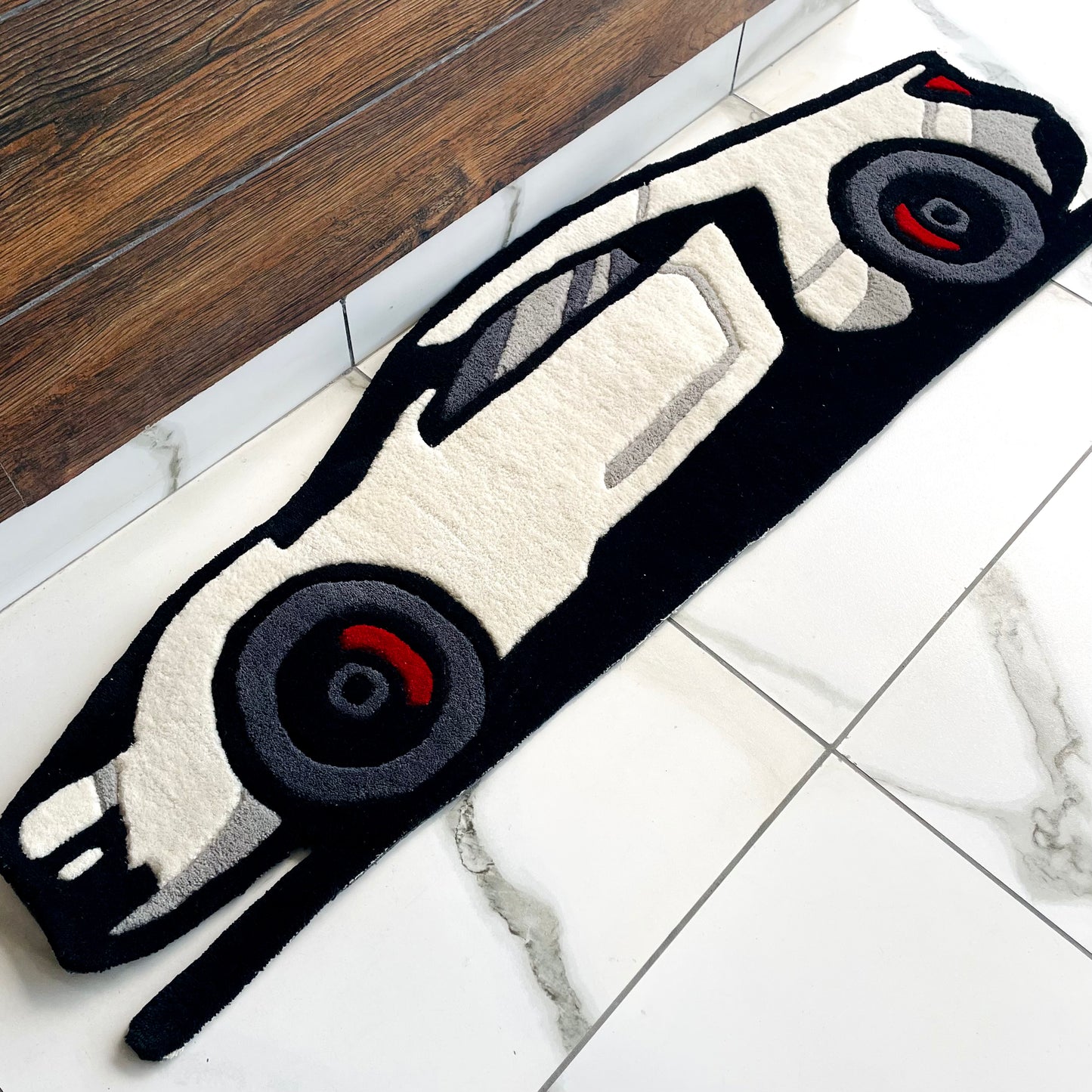 Automotive-themed rug displaying Lykan HyperSport car profile in rich colors with hand-crafted precision detailing