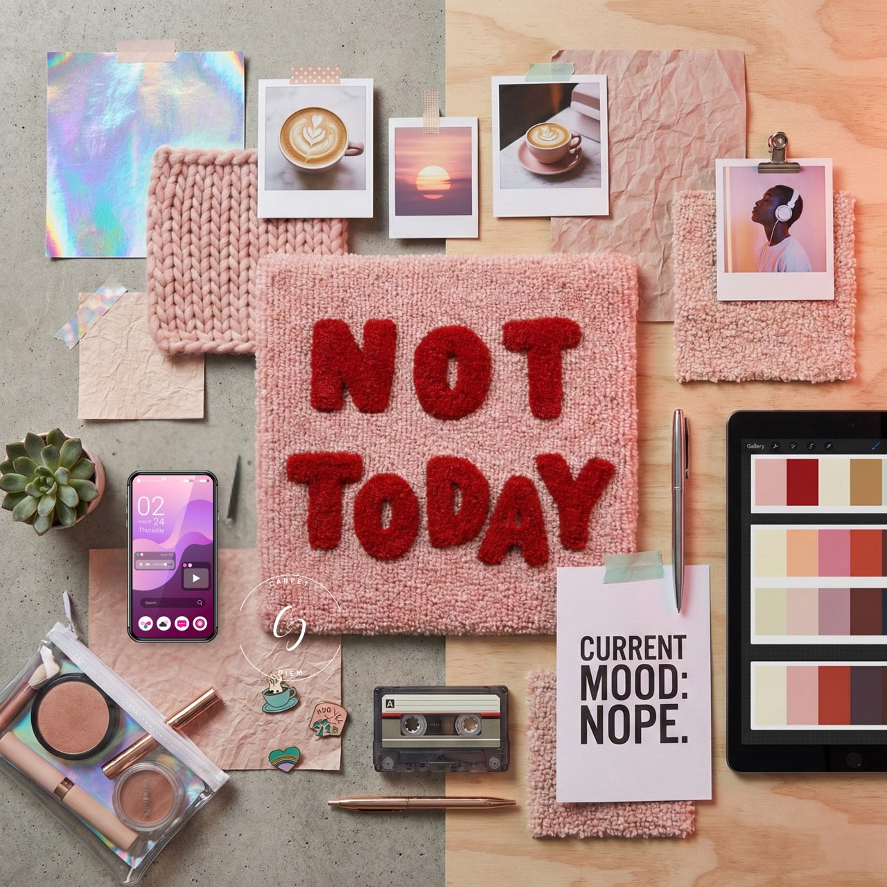 moodboard of 'Not Today' rug with various items around.