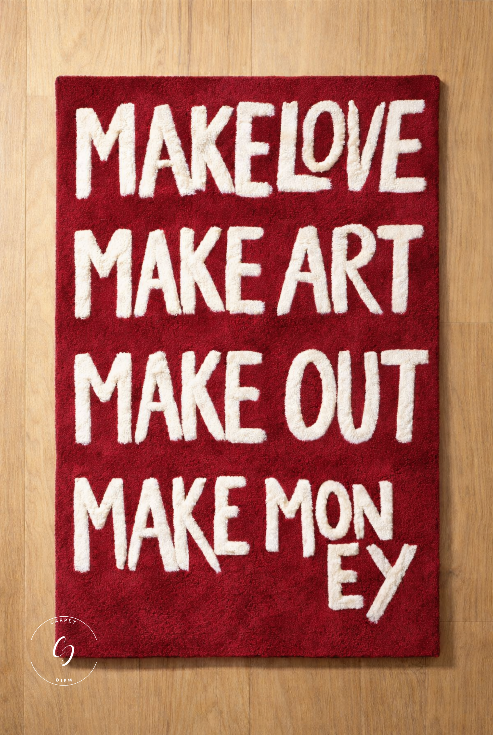 burgundy rug with white font for the dreamers 