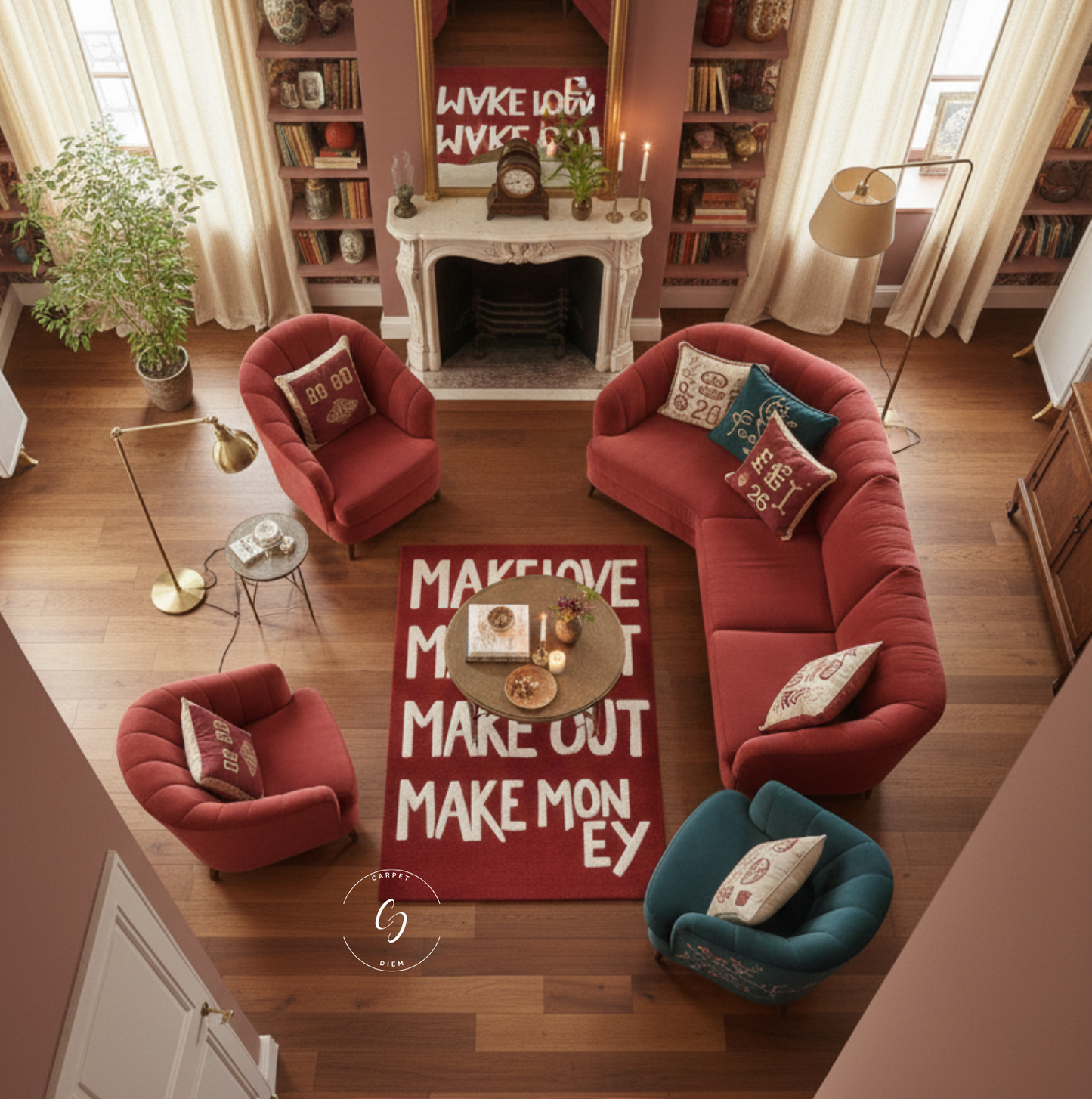 Make Love. Make Art. Make Out. Make Money tufted rug placed in the living room