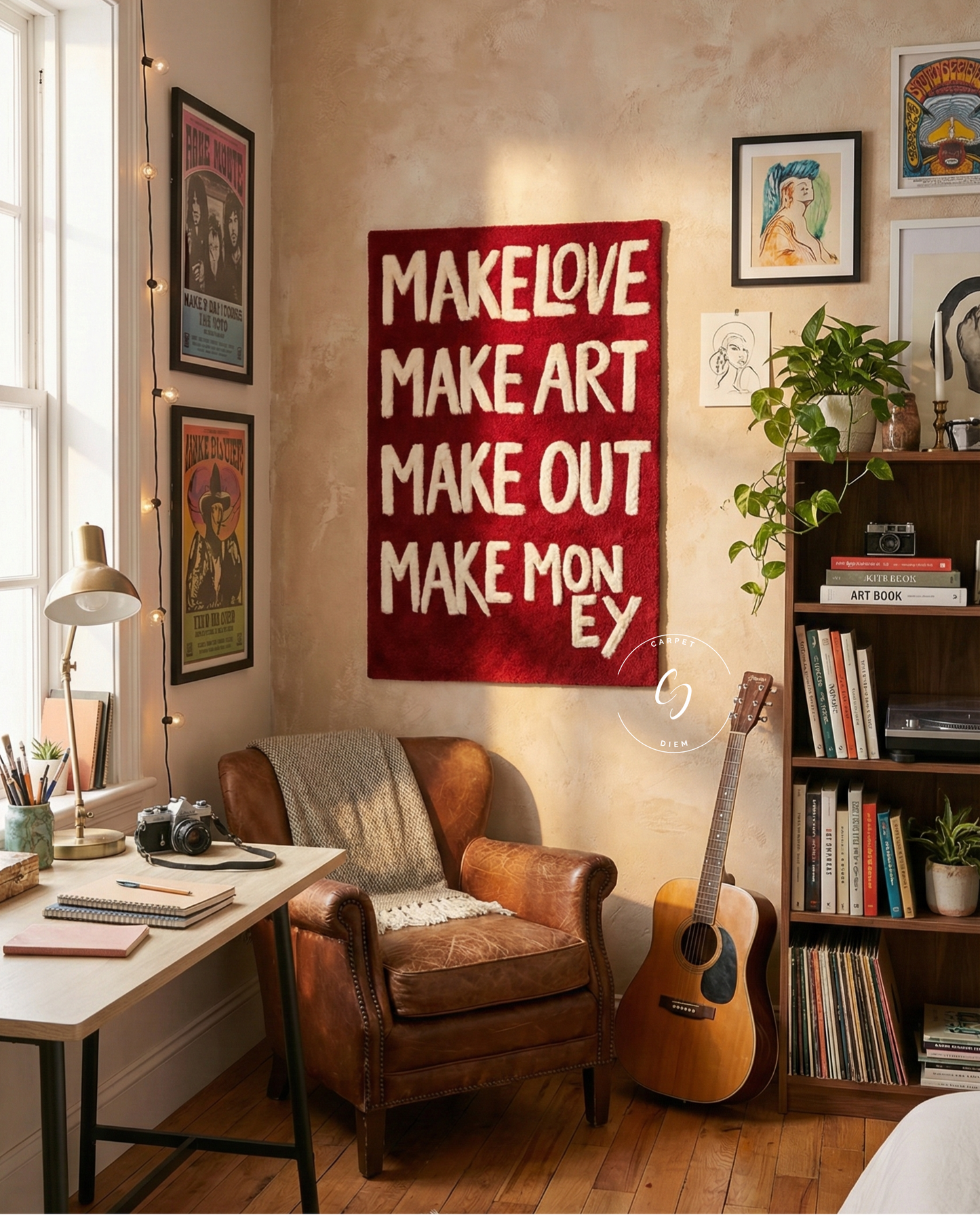 Make Love. Make Art. Make Out. Make Money tufted rug on the wall