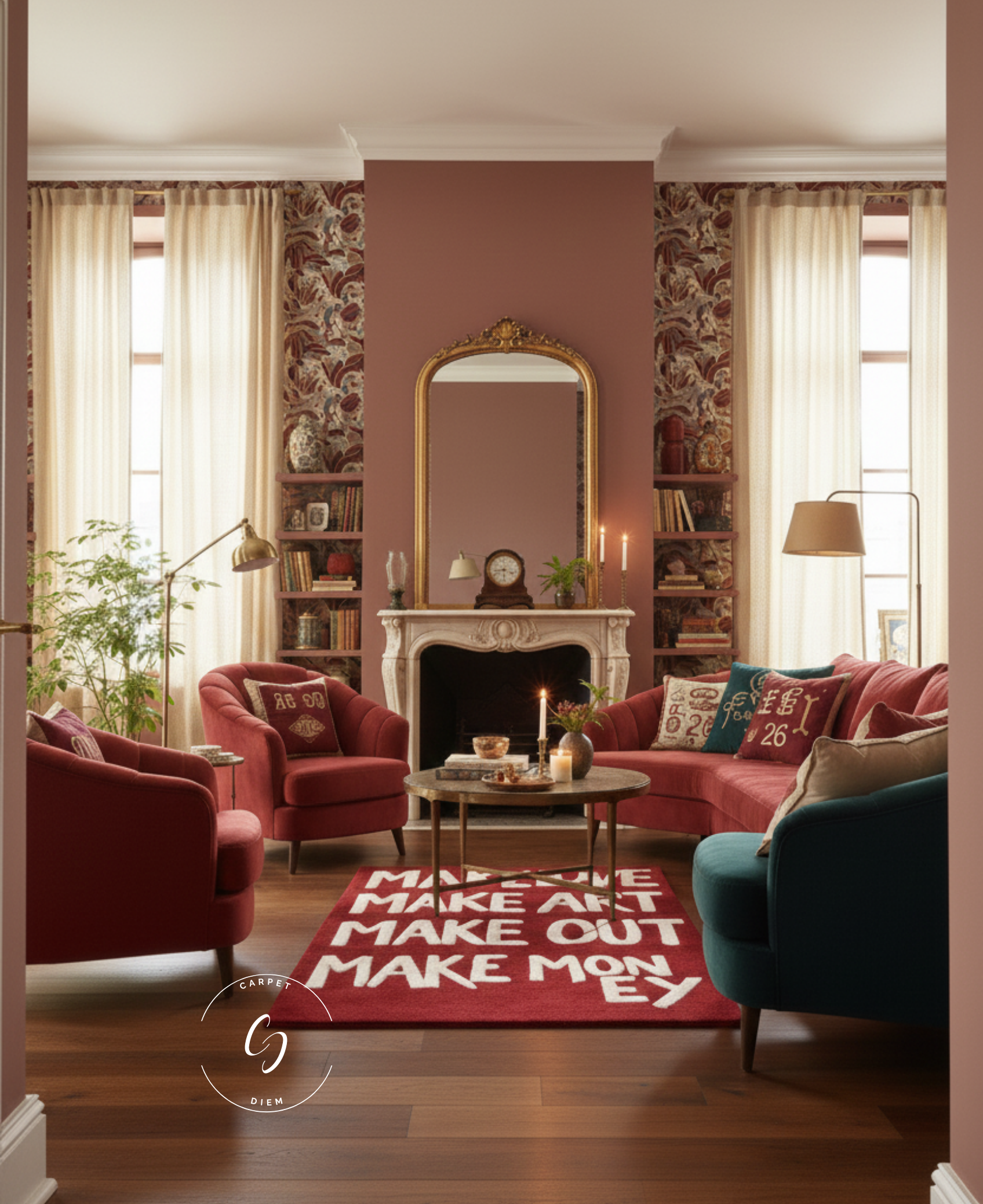Make Love. Make Art. Make Out. Make Money tufted rug in the living room