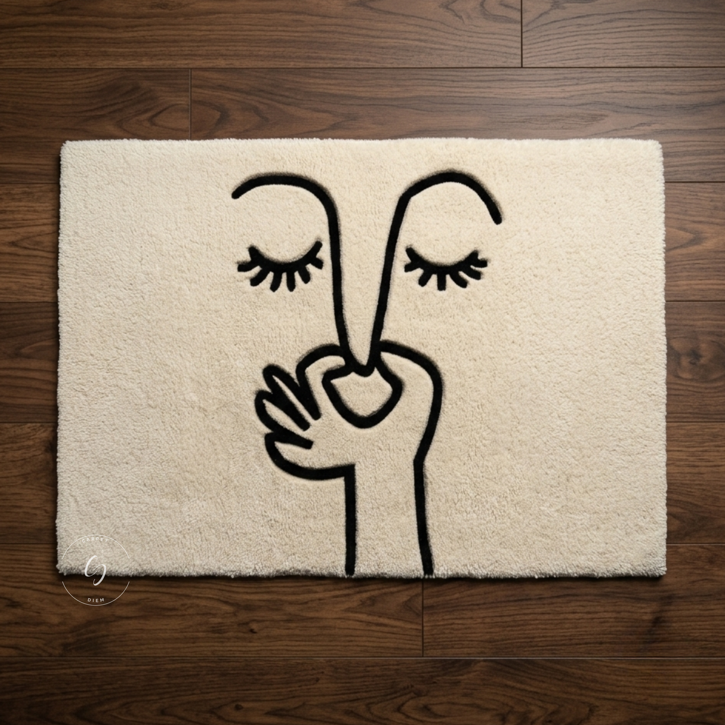 A rectangular cream-coloured hand tufted bathroom entrance rug with a minimalist black line art design of a face with closed eyes resting on a dark brown wooden floor.