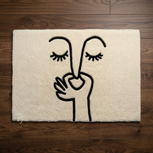 A rectangular cream-coloured hand tufted bathroom entrance rug with a minimalist black line art design of a face with closed eyes resting on a dark brown wooden floor.