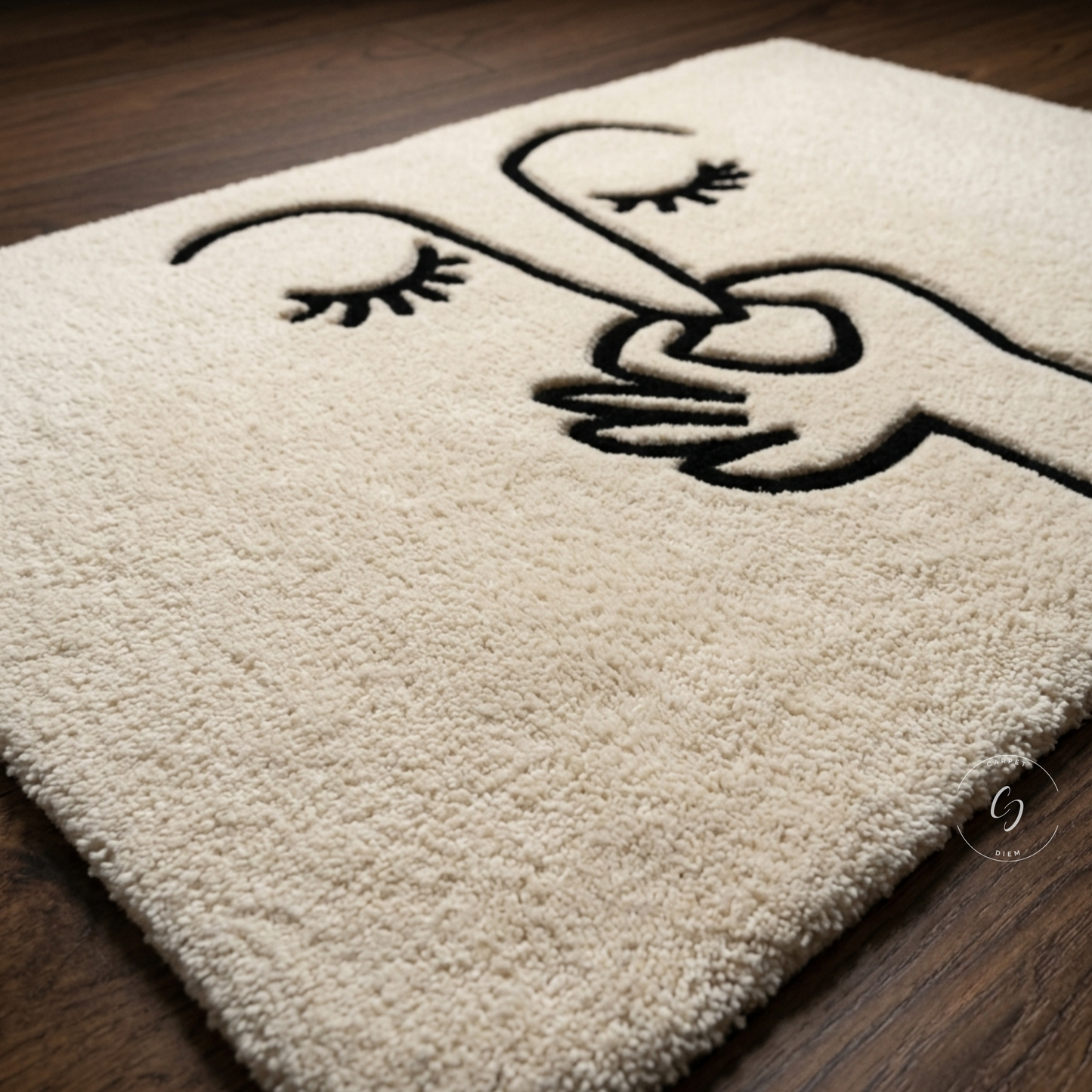A close-up of a cream-coloured hand tufted bathroom entrance rug with a black minimalist line art design of a hand holding a heart, placed on a dark wood floor.