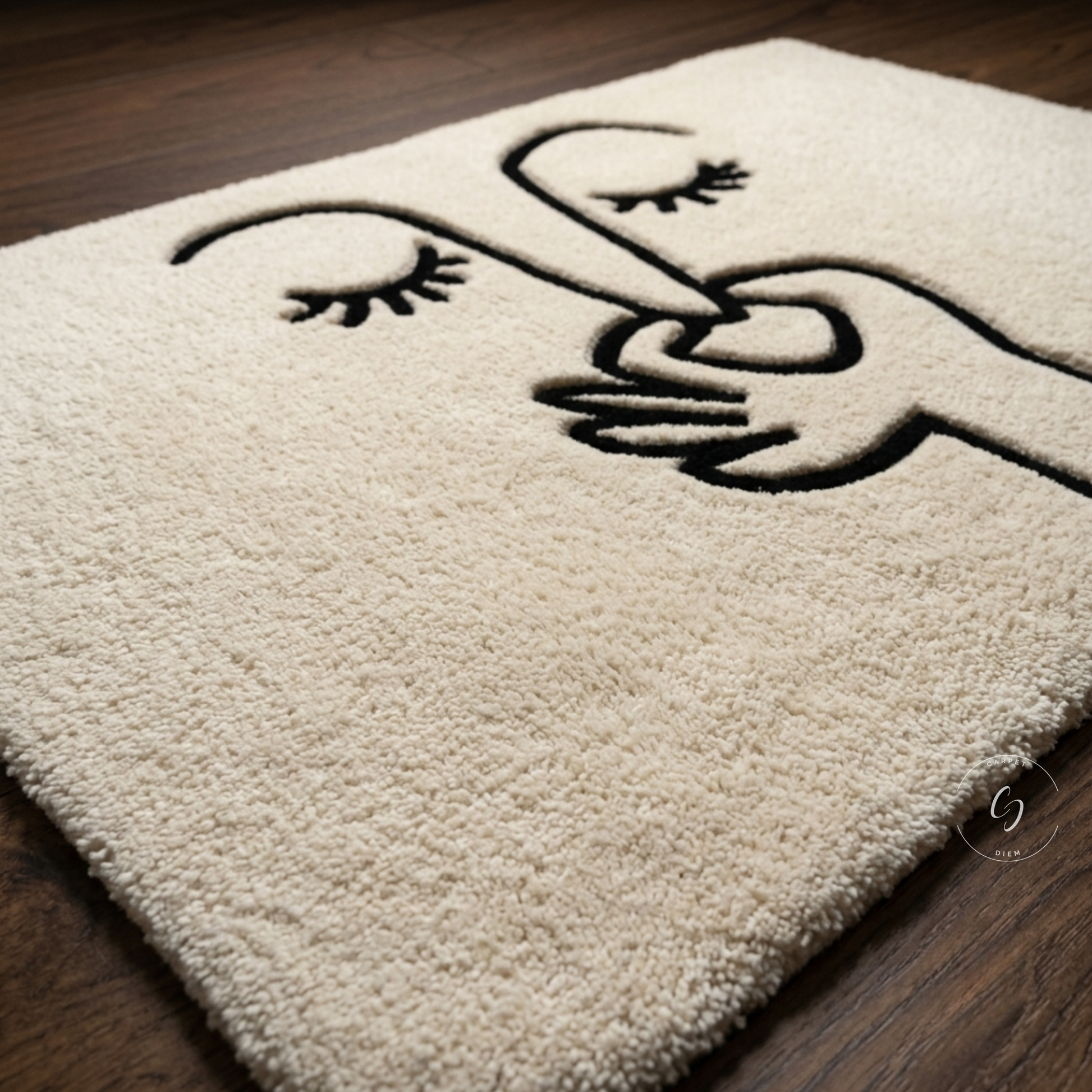 A close-up of a cream-coloured hand tufted bathroom entrance rug with a black minimalist line art design of a hand holding a heart, placed on a dark wood floor.
