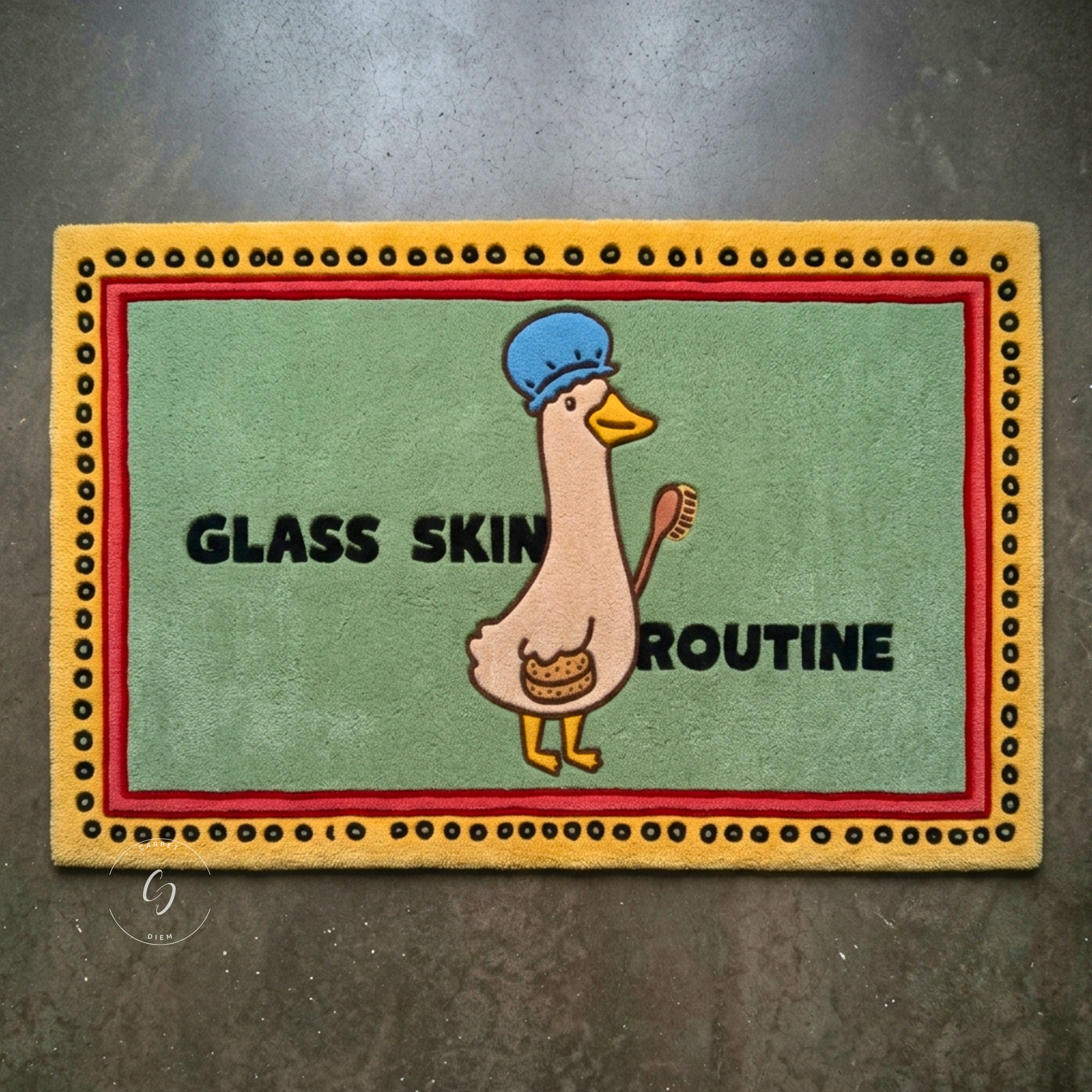 A rectangular decorative hand tufted bathroom entrance rug with a cartoon duck wearing a blue chef hat and holding a toothbrush, with the words 'GLASS SKIN ROUTINE' . 