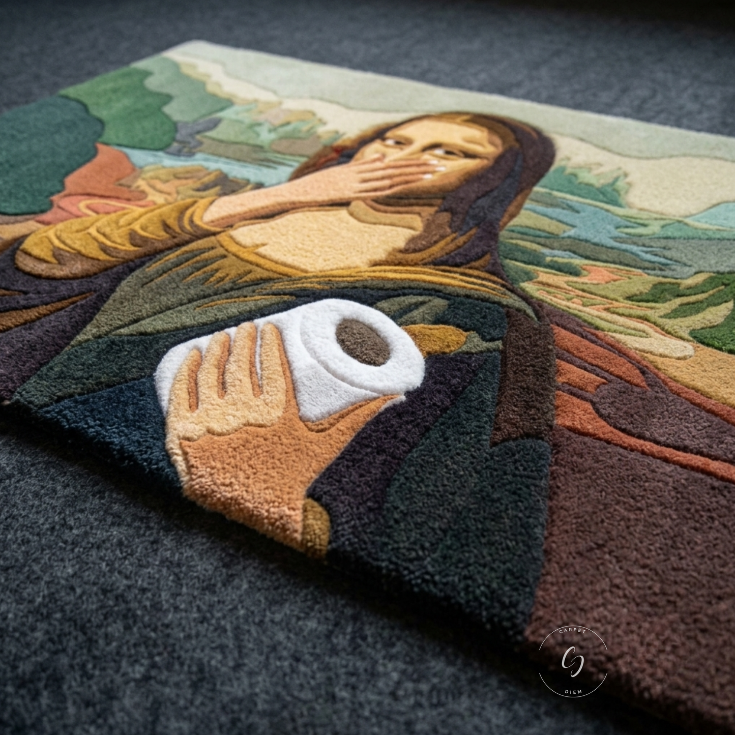 A close-up of a textured, hand tufted bathroom entrance rug featuring a parody of the Mona Lisa holding a roll of toilet paper