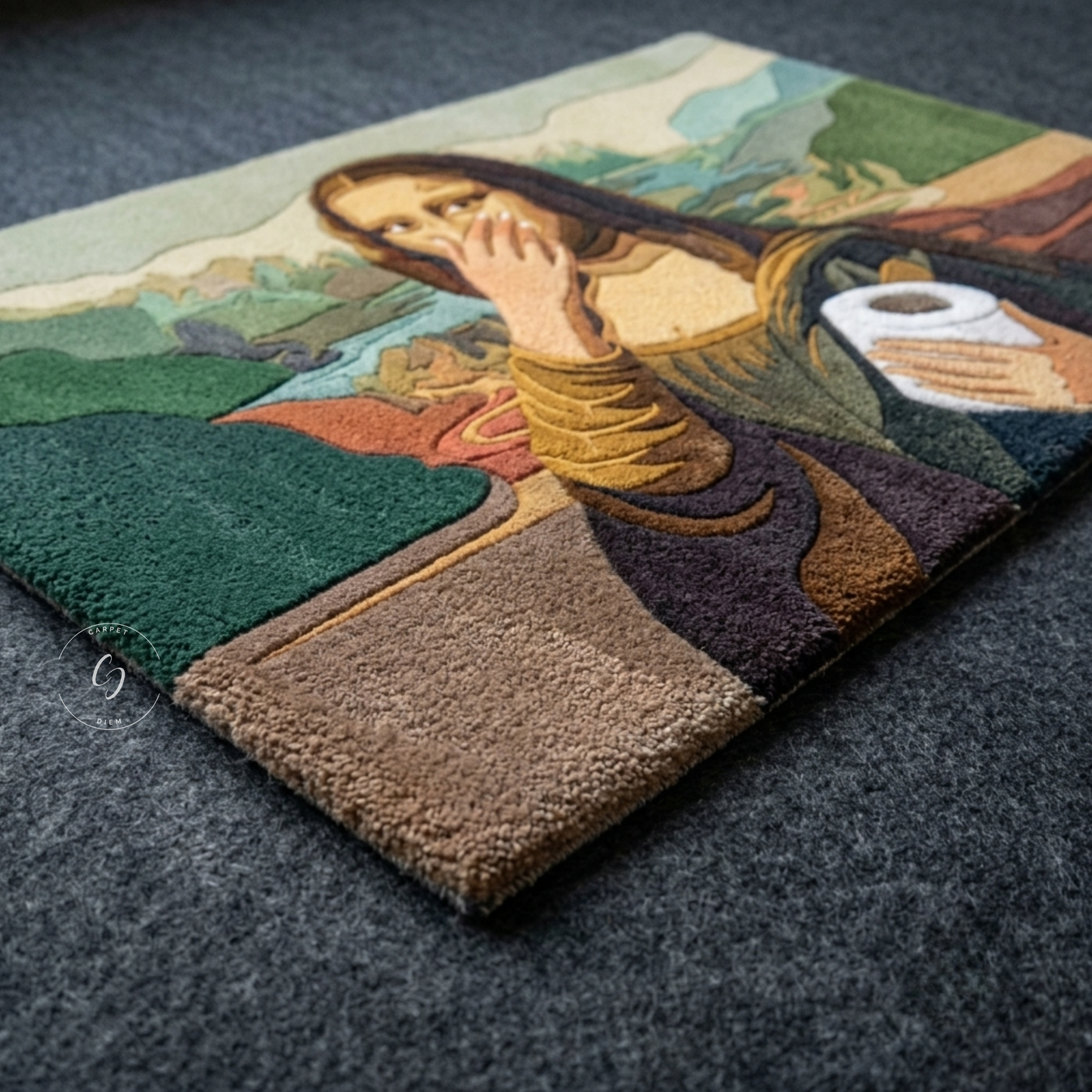 A rectangular hand tufted bathroom entrance rug featuring a fun, textured painting of the Mona Lisa holding a white toilet paper roll.