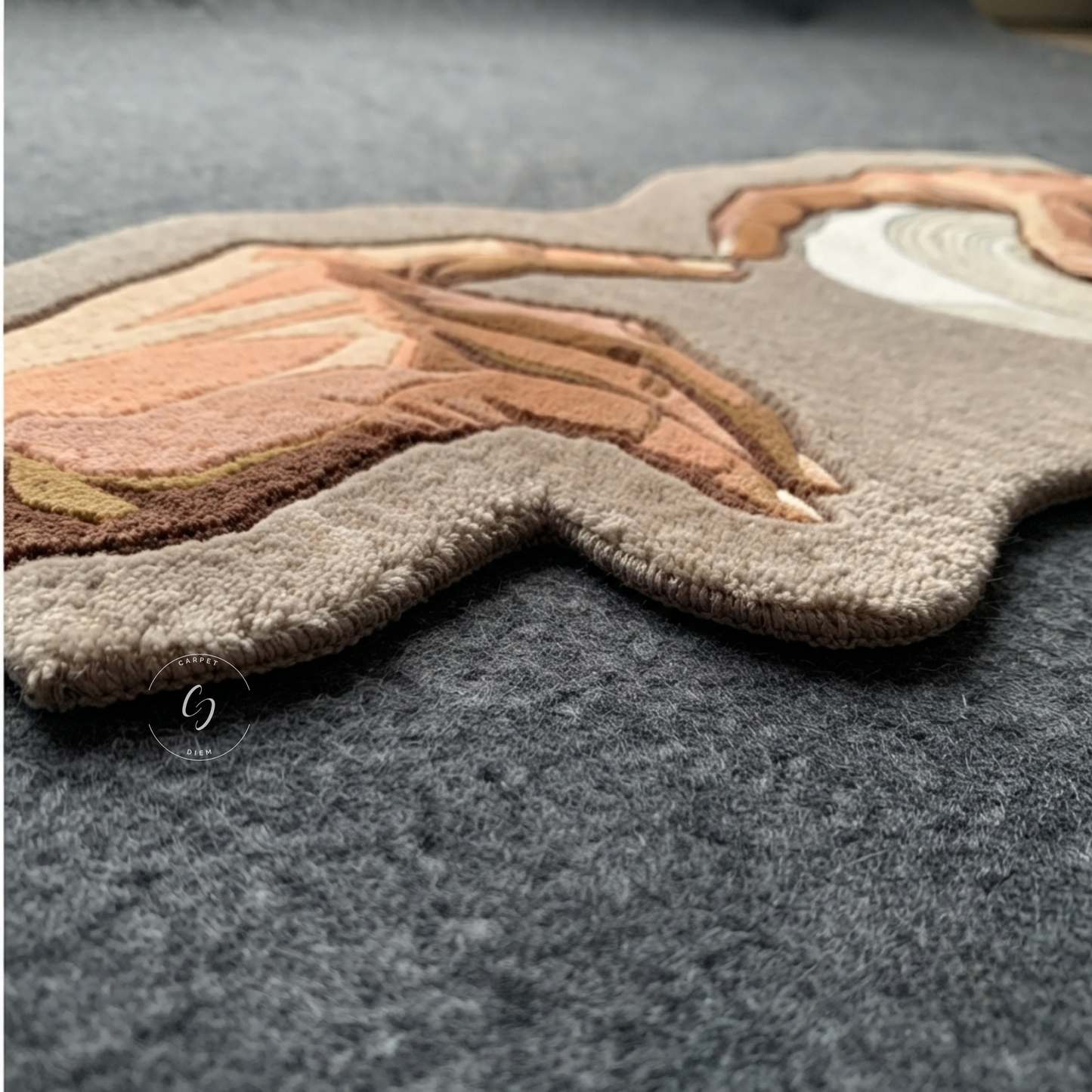 Close-up of the Need TP? hand-tufted New Zealand wool bathroom entrance rug, showing the hand-tufted hands and toilet roll detail.