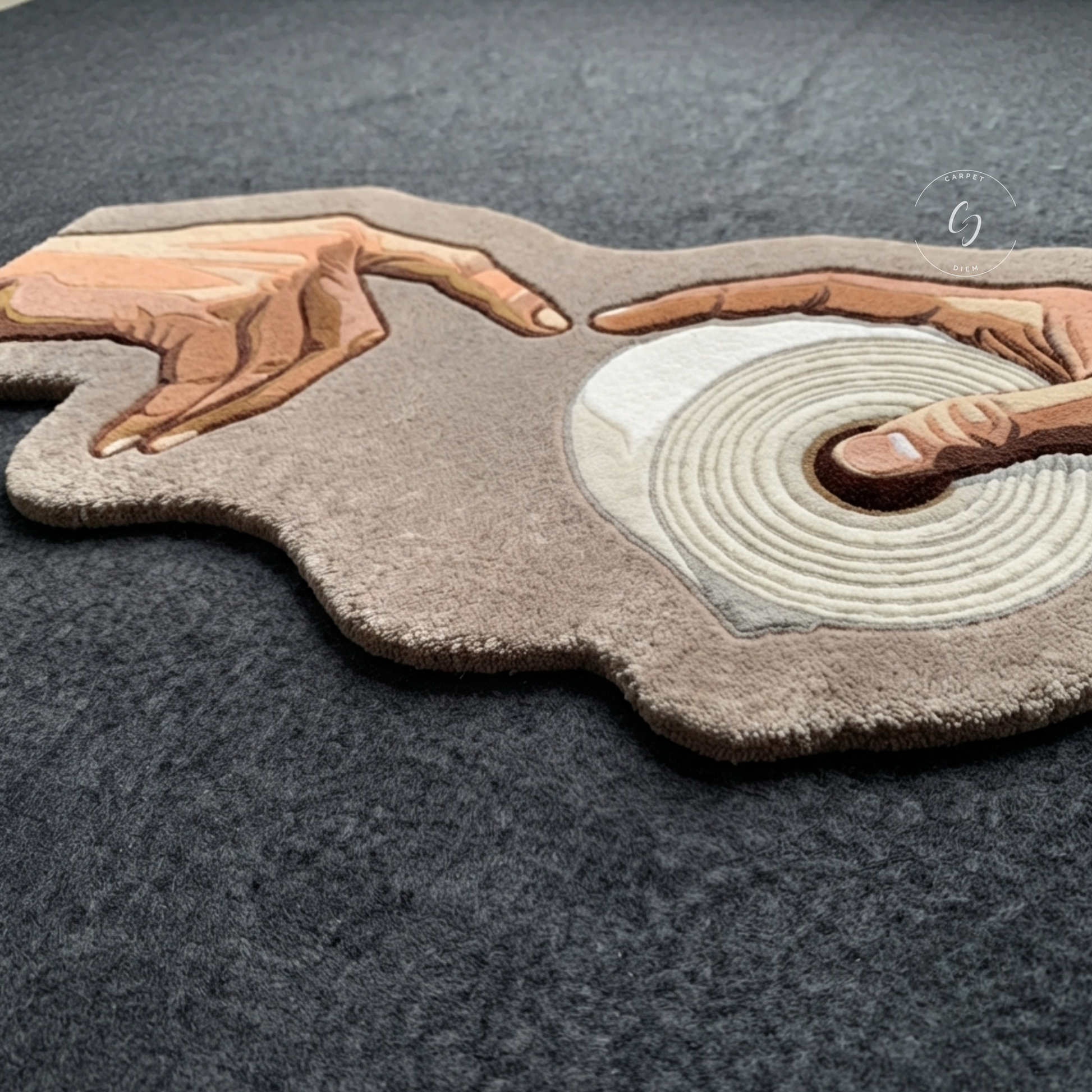 Angled detail shot of the Need TP? hand-tufted wool bathroom entrance rug.
