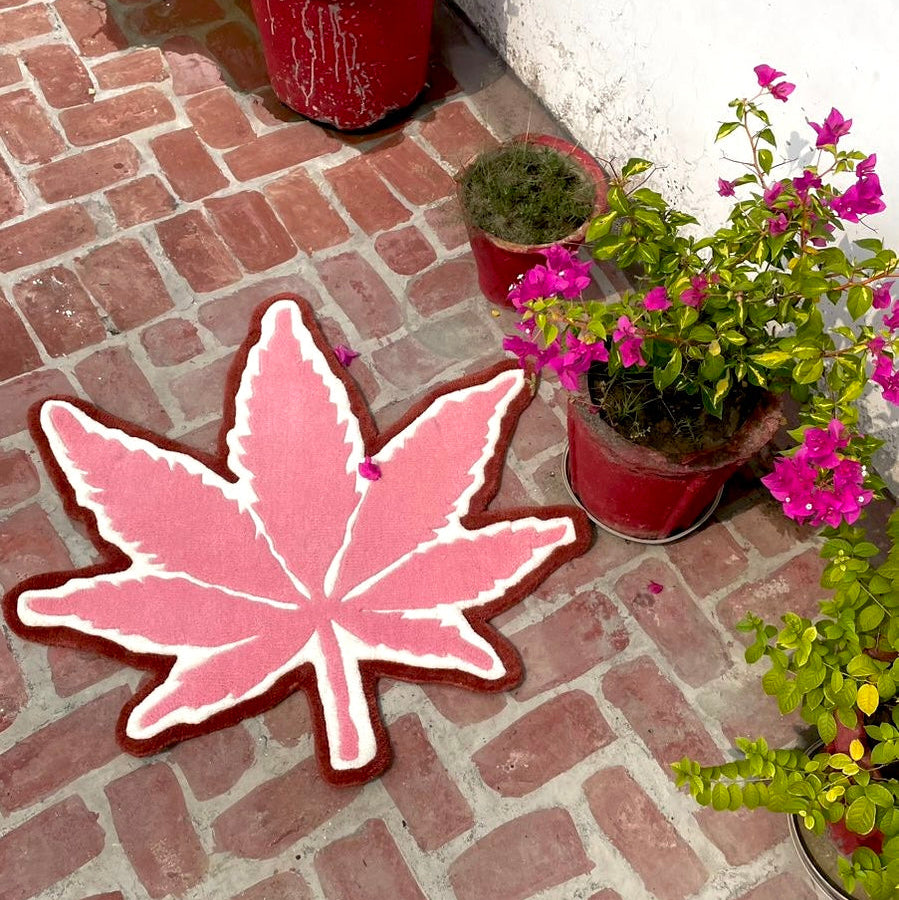 Pink Marijuana Leaf Hand-Tufted Rug