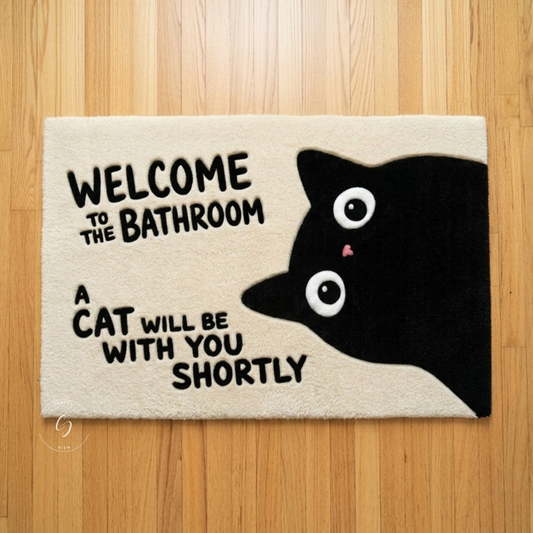 A rectangular cream-coloured hand tufted bathroom entrance rug with a black cat illustration and the text 'WELCOME TO THE BATHROOM A CAT WILL BE WITH YOU SHORTLY', placed on a light wood floor.