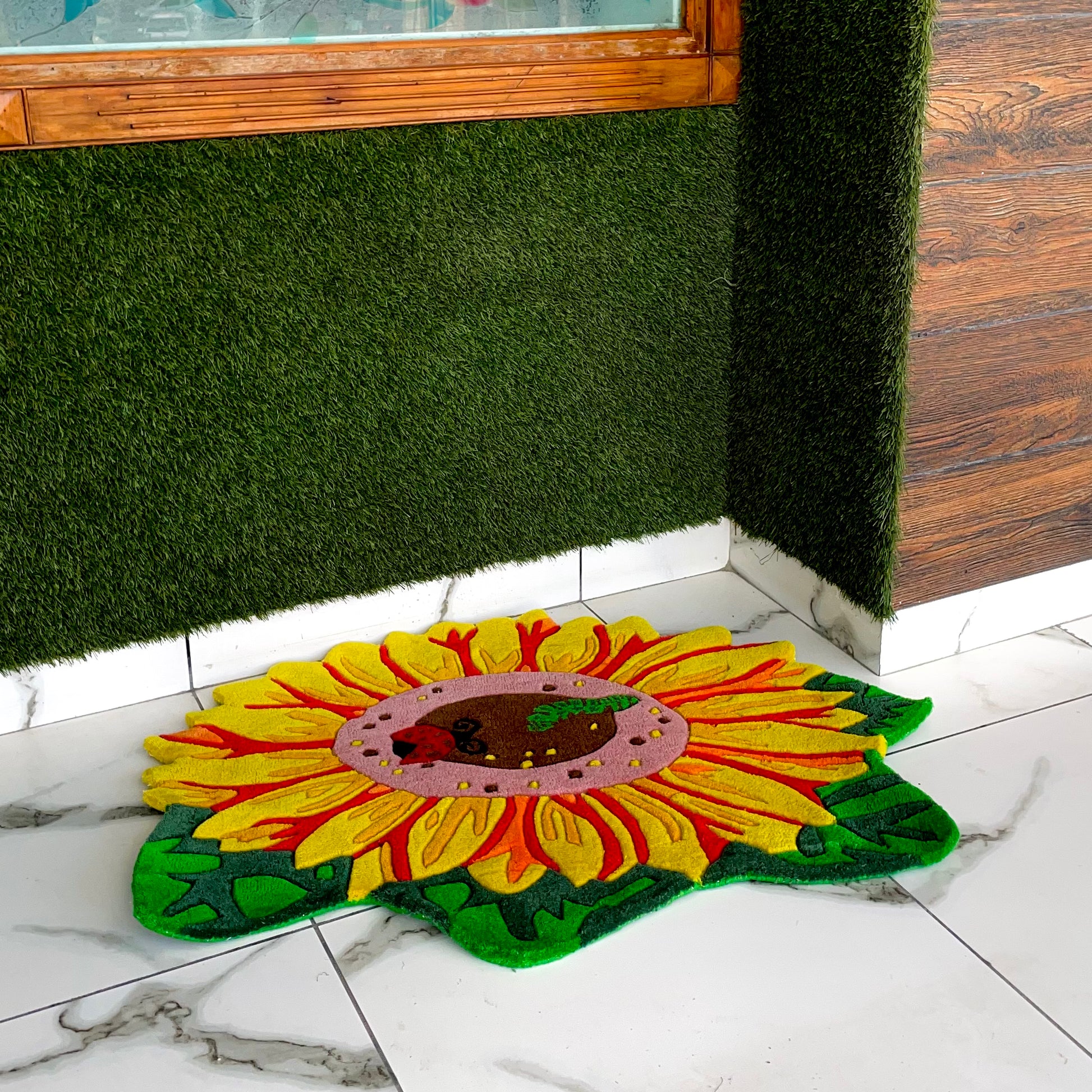 Sunflower with Ladybug and Caterpillar Hand-Tufted Rug