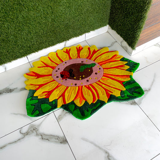 Sunflower with Ladybug and Caterpillar Hand-Tufted Rug
