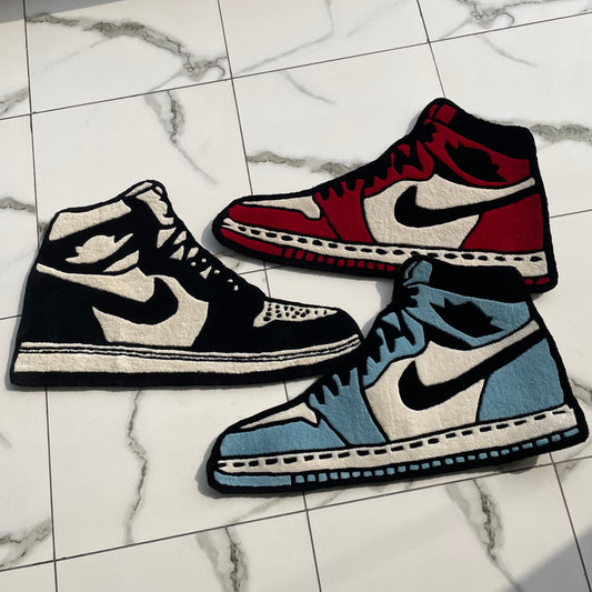 air jordan rug in red, blue and black colourway