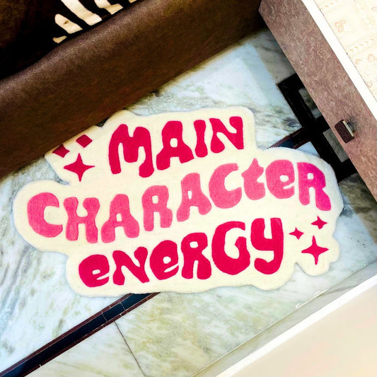 Custom tufted rug with Main Character Energy in pink – aesthetic room decor for Gen Z bedrooms and self-expression