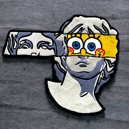 SpongeBob SquarePants hand-tufted area rug showing cartoon character peeking from behind white Greek statue on colorful background