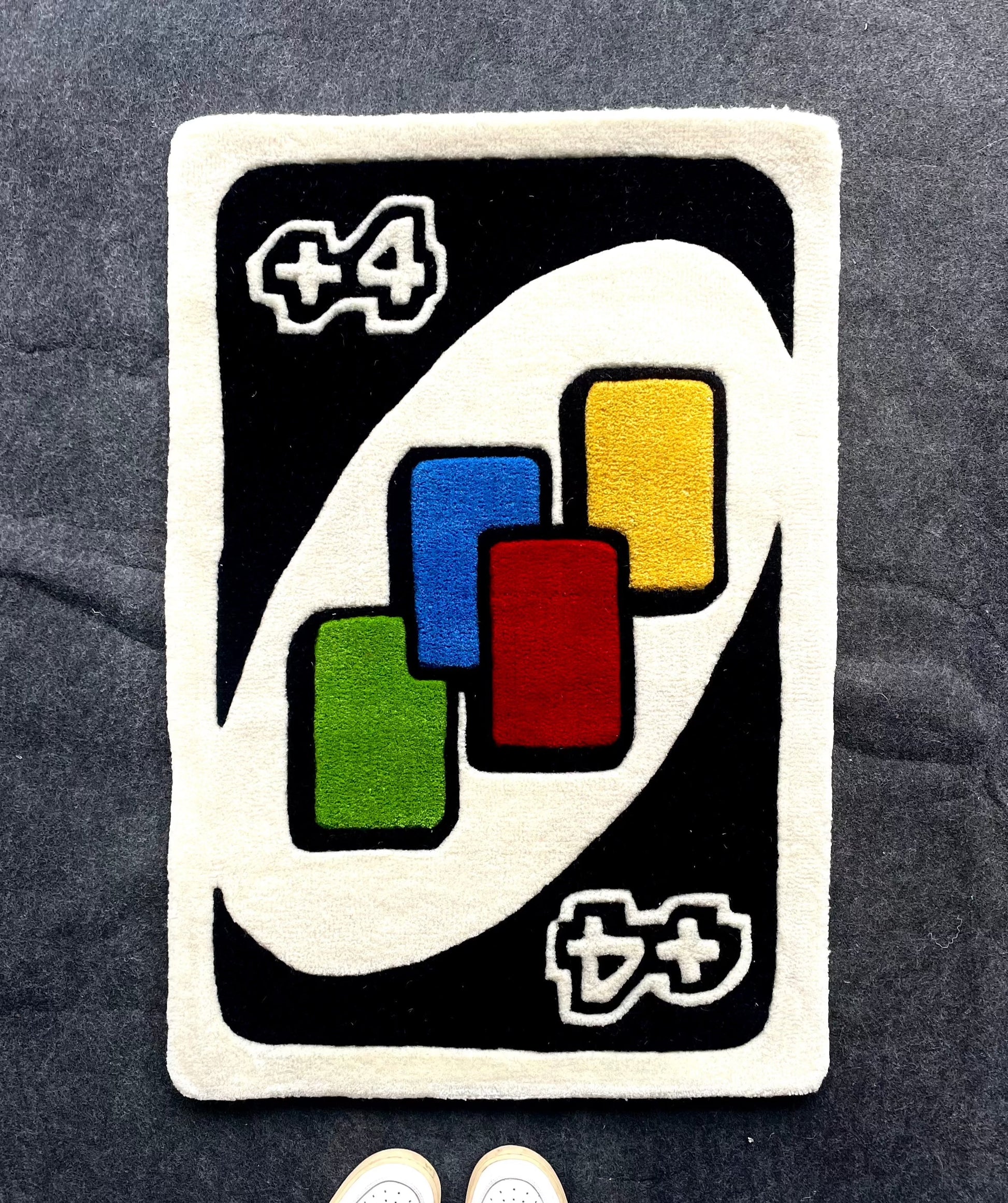 Draw 4 uno card as a tufted rug on a solid background, Perfect gift for uno lovers