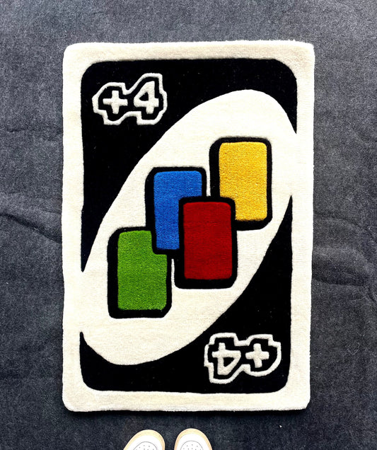 Draw 4 uno card as a tufted rug on a solid background, Perfect gift for uno lovers