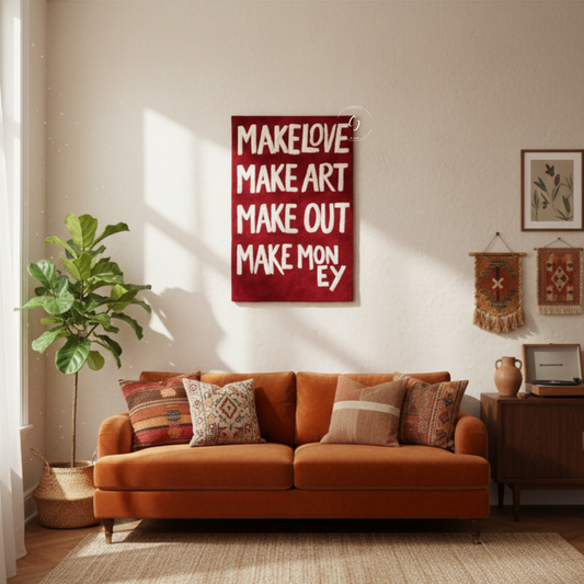 The "Make Love, Make Art" Hand-Tufted Rug in burgundy