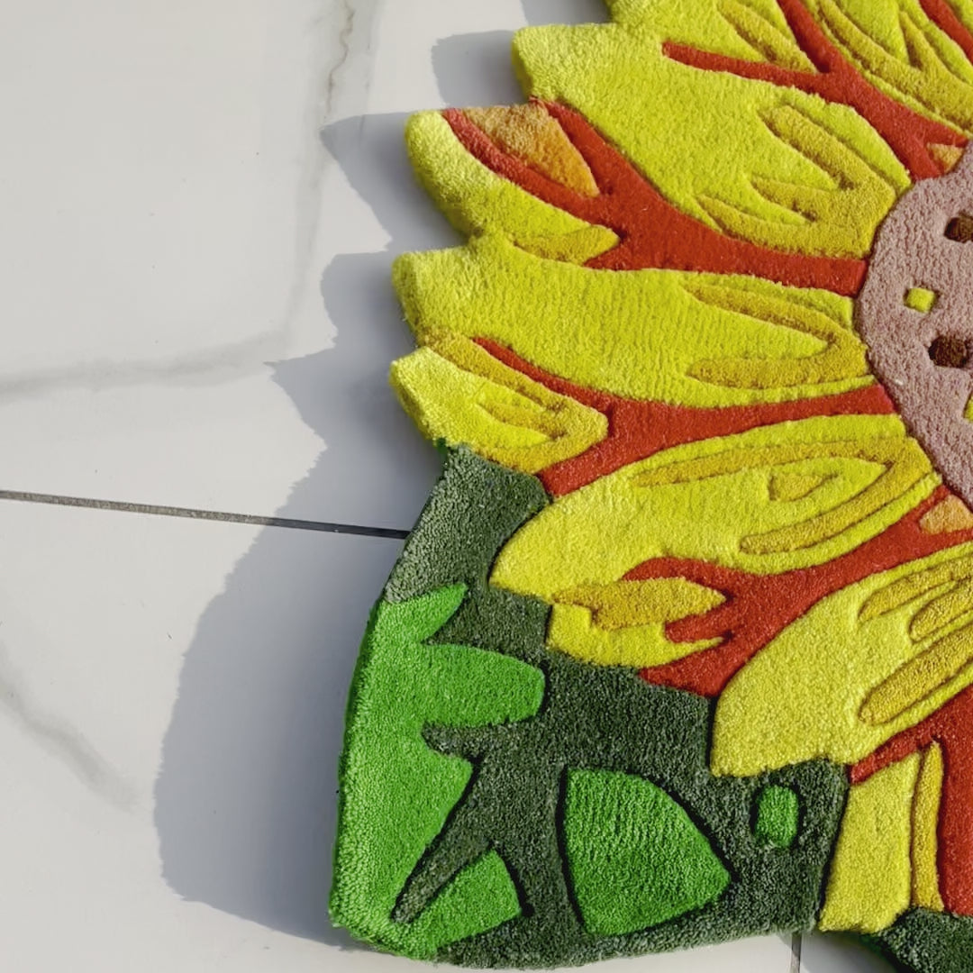 Sunflower with Ladybug and Caterpillar Hand-Tufted Rug